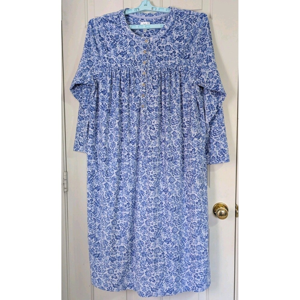 Aria Velour Floral Nightgown Womens 2X Blue White Floral Pockets Lounge Cottage